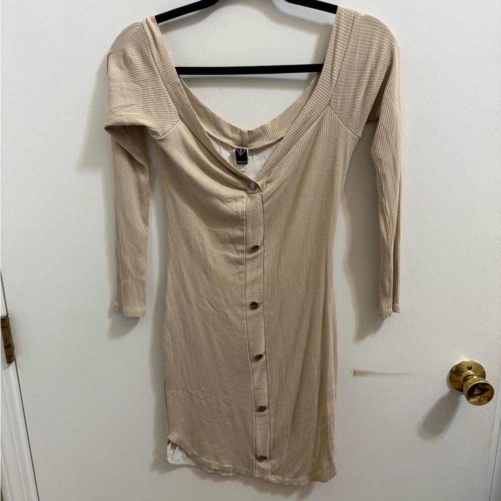 Windsor Beige Long Sleeve Button-Down Dress